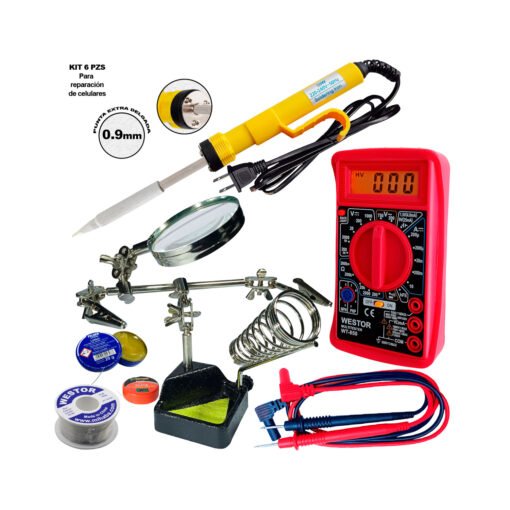 Kit Multímetro Multitester + Cautín + Soporte lupa + Pasta + Flux + Estaño WT-MI-DT850KIT6 Westor