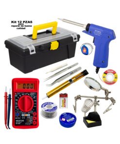 Kit Cautín + Multímetro Multitester + Soporte c/ limpiador + Succionador + Pasta + Estaño + 2 Pinzas + Punta repuesto + Batería + Malla p/ desoldar + Caja de herramientas WESTOR-KIT-12