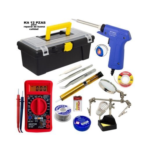 Kit Cautín + Multímetro Multitester + Soporte c/ limpiador + Succionador + Pasta + Estaño + 2 Pinzas + Punta repuesto + Batería + Malla p/ desoldar + Caja de herramientas WESTOR-KIT-12