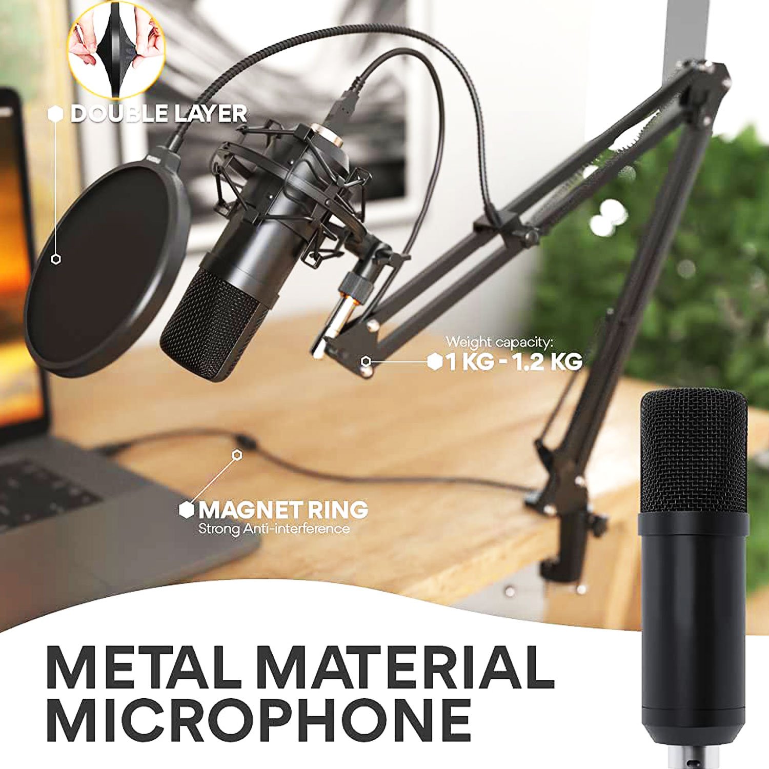 Btuty Microphone USB à condensateur avec tige réglable et col flexible RVB