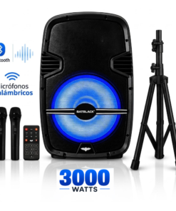 Parlante Activo 15" BATBLACK BT-1501BAT 3000W con Bluetooth, Micrófonos Inalámbricos y Pedestal