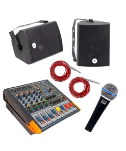 Consola Amplificada 600W 4 canales C/USB/MP3/BT + Parlantes ambientales + 1 Micrófono + 10Mts Cable mellizo MIHABA-BT-4D2-KIT
