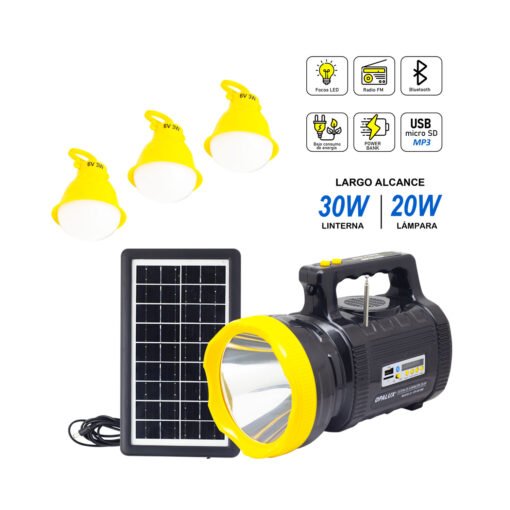 Kit Solar Portátil Linterna Lámpara 3 Focos Panel Solar BT USB MP3 FM OP-9019B OPALUX