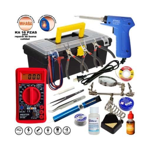 Kit Cautín + Multímetro + Soporte con Limpiador + Succionador + Pasta + Estaño + 2 Pinzas + Punta Repuesto + Malla para Desoldar + Alcohol Isopropílico+ Flux + Caja de Herramientas WESTOR-KIT-14