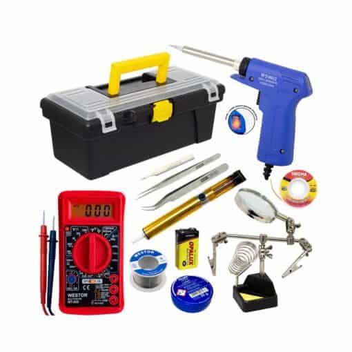 Kit Cautín + Multímetro Multitester + Soporte c/ limpiador + Succionador + Pasta + Estaño + 2 Pinzas + Punta repuesto + Malla p/ desoldar + Batería + Caja de herramientas WESTOR-KIT-12