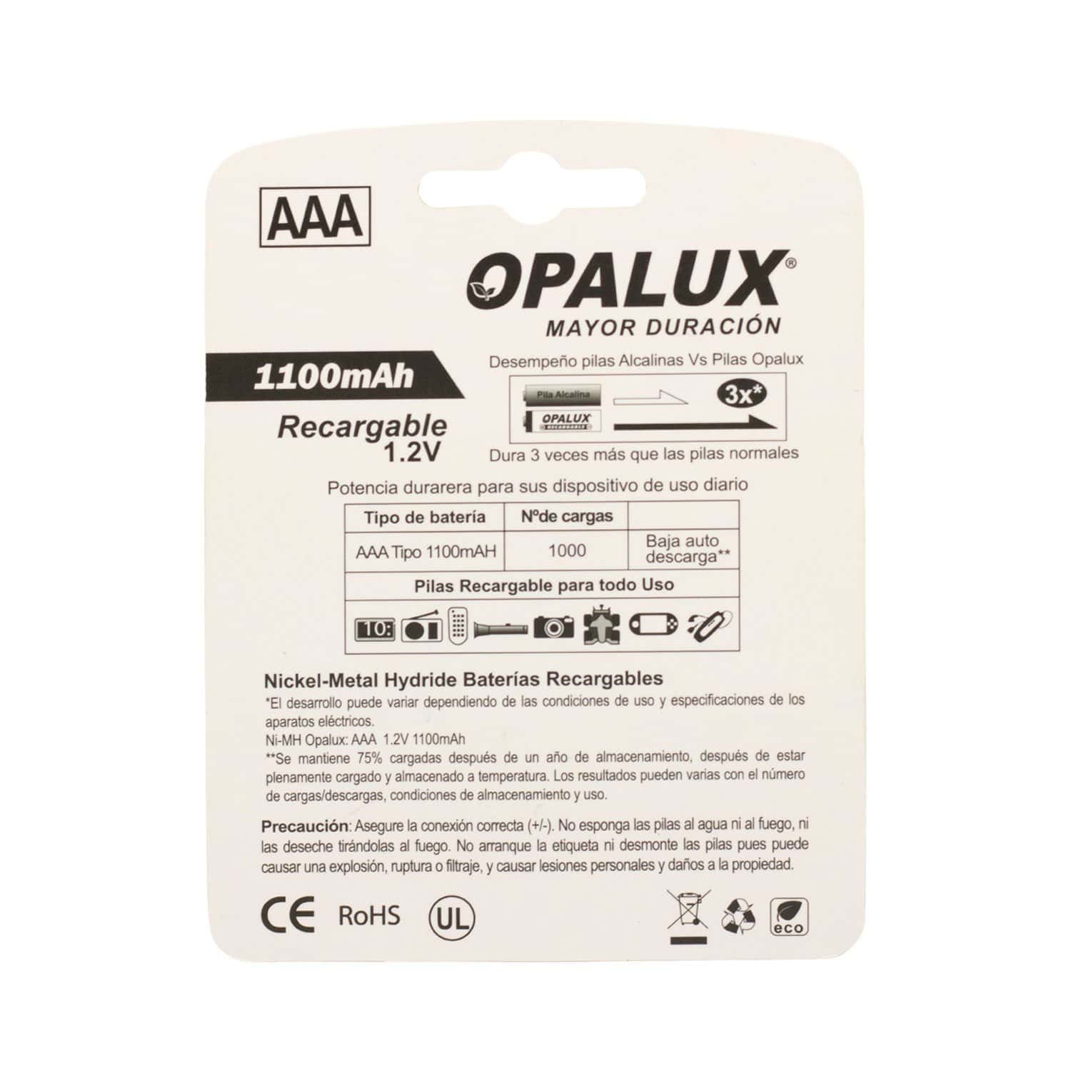 Pila Recargable AAA 1100mAh (2 pilas) DH-1100AAA OPALUX - Imagen 4