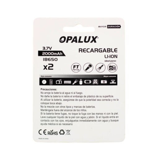 Baterías Recargables 18650 X2 (Fc) Li-Ion 3.7V 2000mAh Icr18650-20Ft(B2) OPALUX - Imagen 3