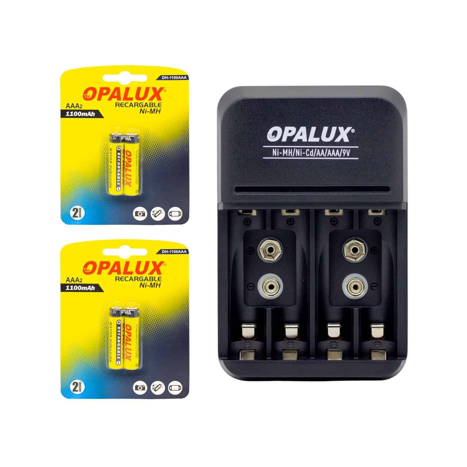 Kit Cargador de pilas 9V/AA/AAA con 4 pilas AAA NiMH recargables MIHABA-DH1100AAA-KIT3 OPALUX