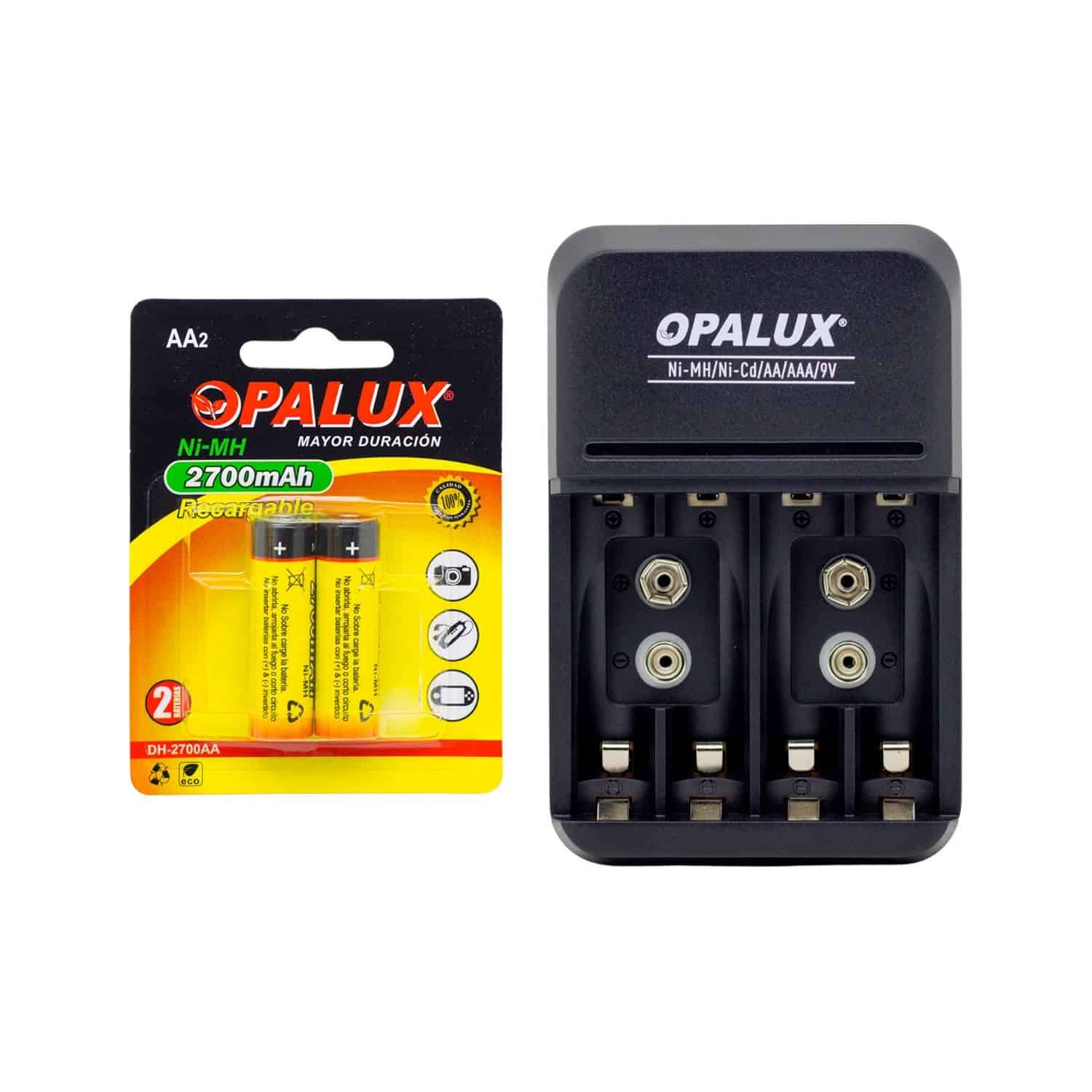 Kit Cargador de pilas 9V/AA/AAA con 2 pilas AA NiMH recargables MIHABA-DH2700AA-KIT2 OPALUX