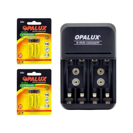 Kit Cargador de pilas 9V/AA/AAA con 4 pilas AA NiMH recargables MIHABA-DH2700AA-KIT3 OPALUX