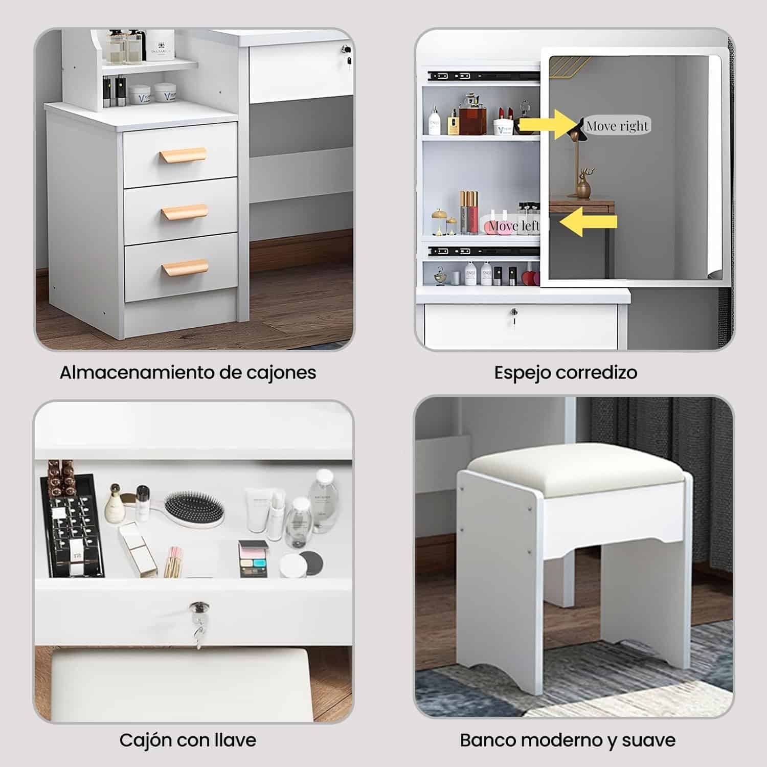 Tocador De Maquillaje Con Espejo Movible Color Blanco AJ312627 - Imagen 2