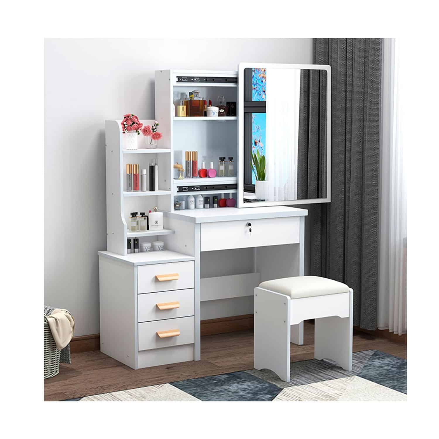 Tocador De Maquillaje Con Espejo Movible Color Blanco AJ312627