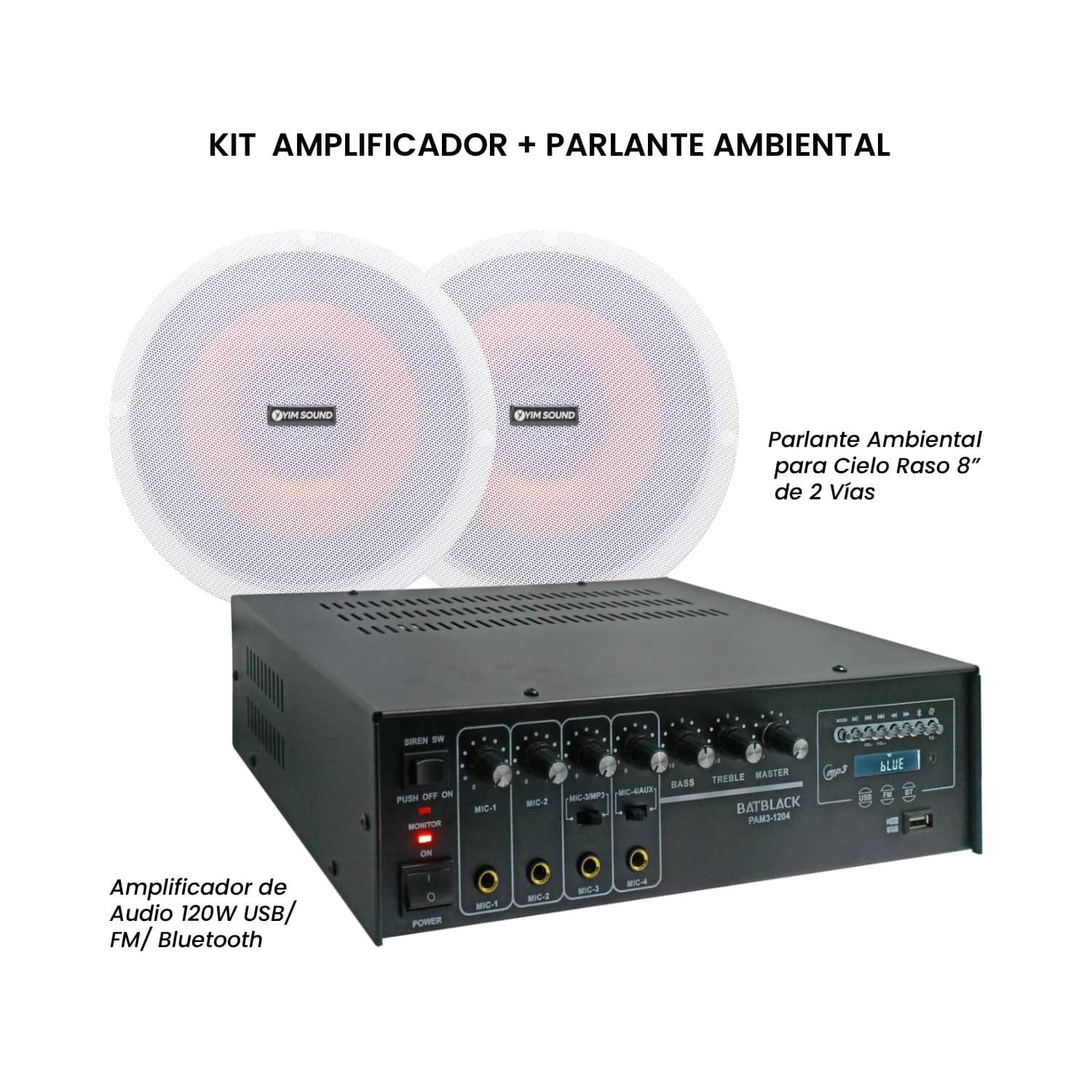 Kit Amplificador de Audio 120W + Parlante Ambiental 8” KIT-PAM3-1204