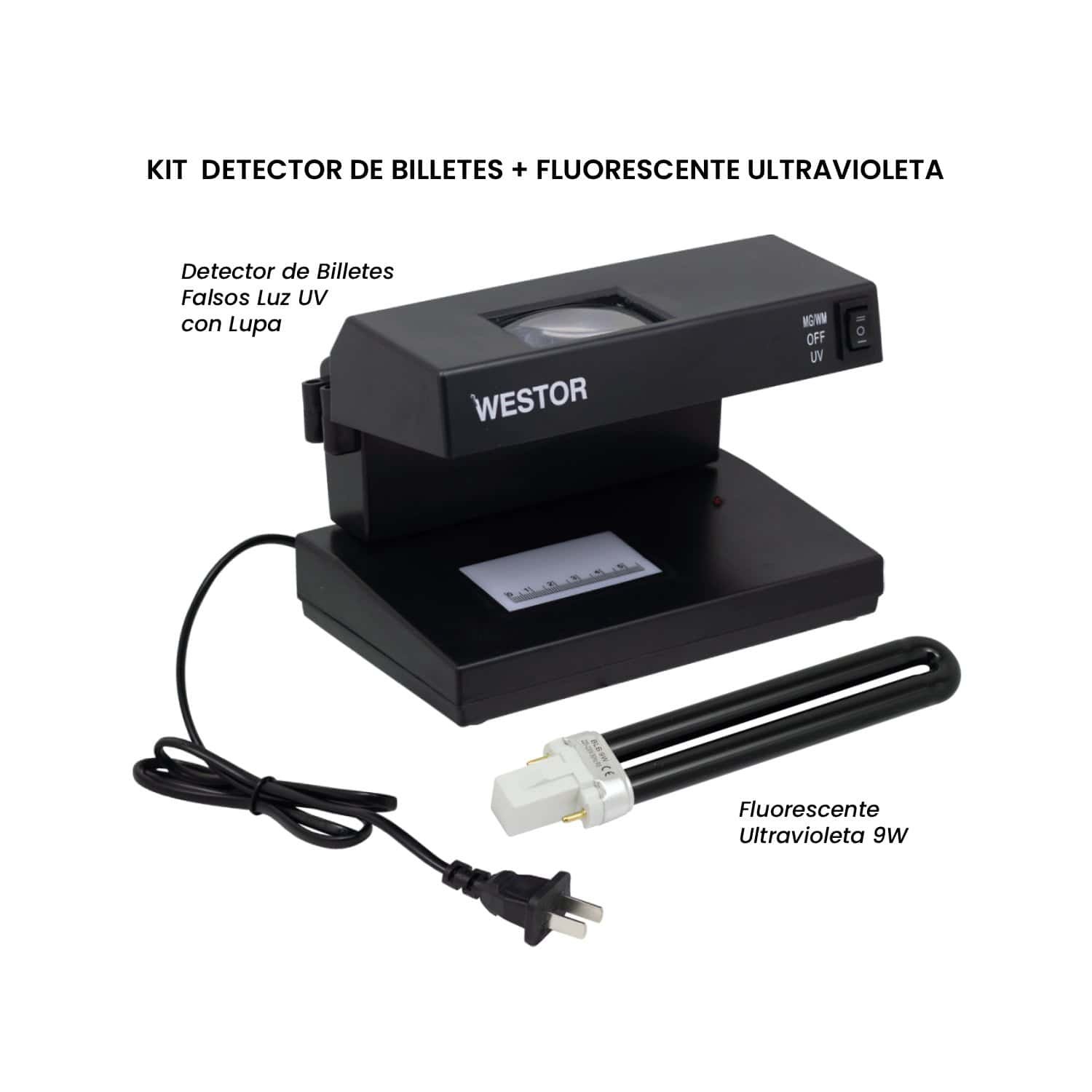 Kit Detector de Billetes Falsos Luz UV con Lupa + Fluorescente Ultravioleta 9W KIT-WT-2148
