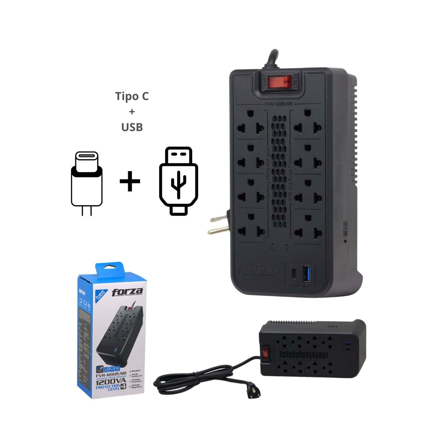 Estabilizador 8 Tomas 1200va/600W + 2 USB FVR-1222USB FORZA