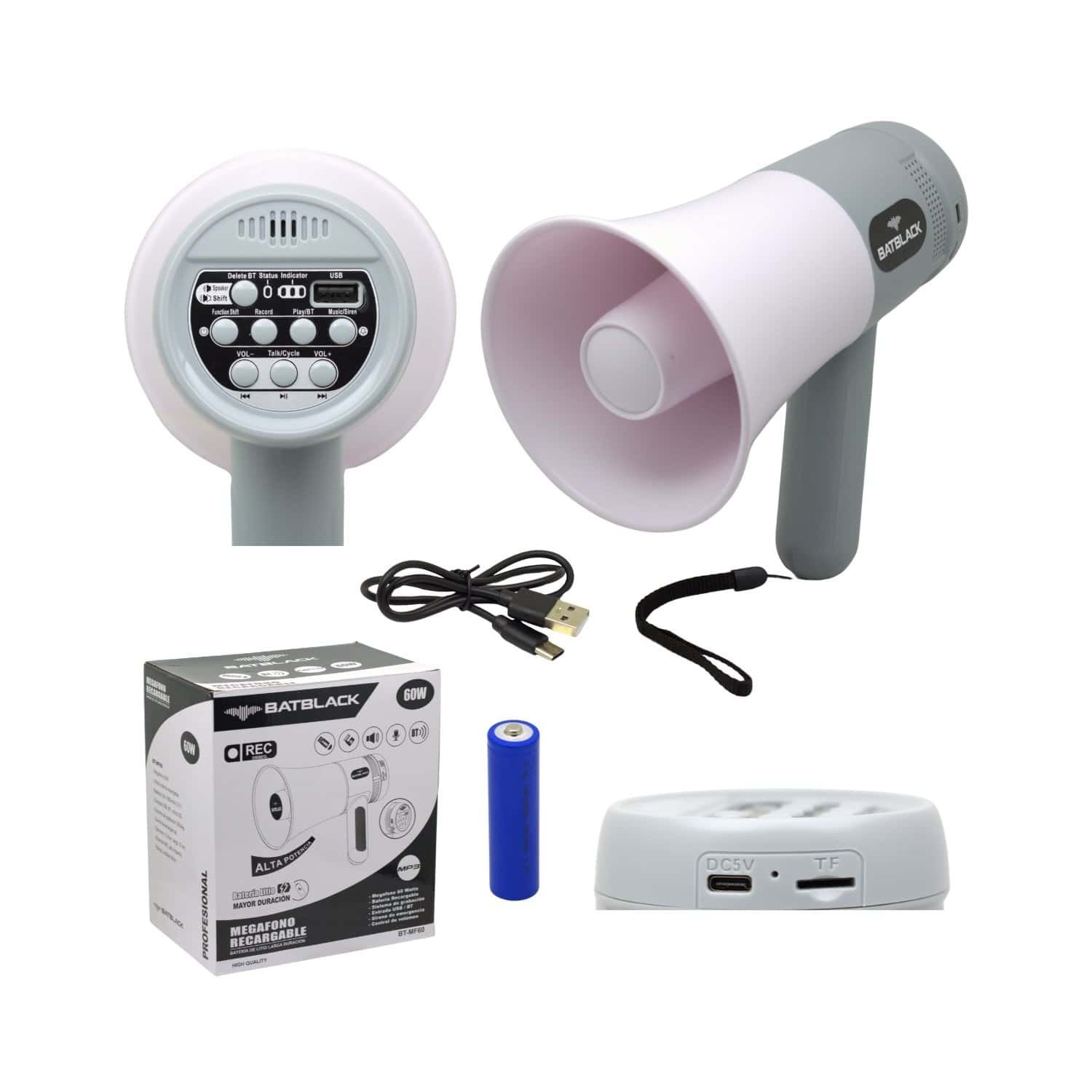 Megáfono 60W Recargable con USB/Bluetooth/SD/Grabación BT-MF60 BATBLACK