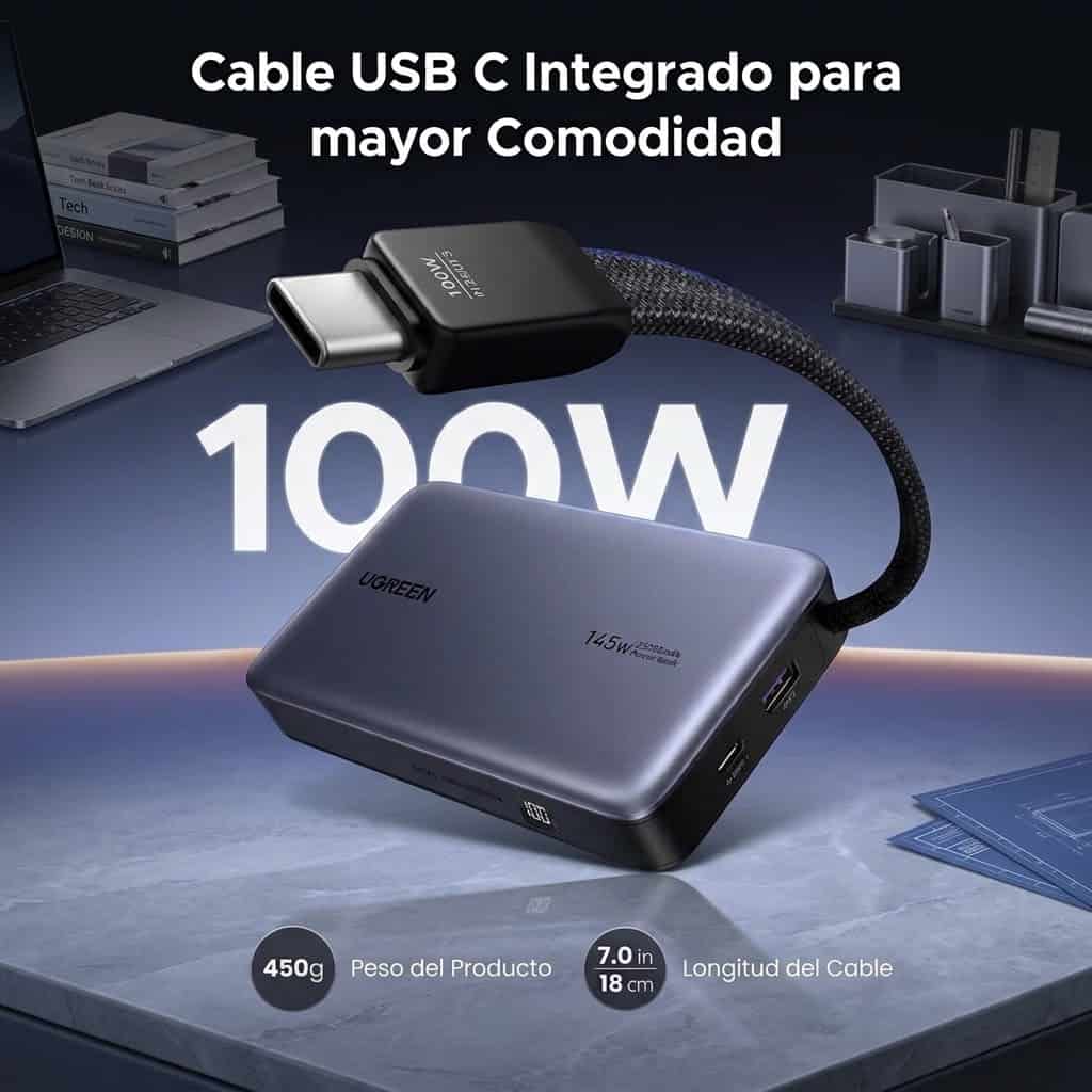 UGREEN Banco de Energía de 145W con Cable Integrado 55992B - Imagen 4
